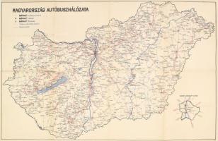 1953 Magyarország autóbusz-hálózata (MÁVAUT) térkép, hátoldalán OTP takarékbetétkönyv reklámmal, hajtva, minimális szakadásokkal, 42x66 cm