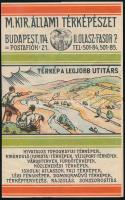 1931 A M. Kir. Állami Térképészet színes reklámprospektusa, a budapesti árusítóhelyek térképével, kiadványok árjegyzékével, kihajtva: 28x18 cm