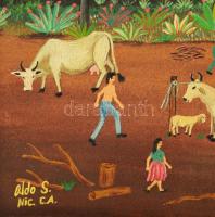 Aldo S. jelzéssel, feltehetően nicaraguai naiv festő, XX. sz. vége: Falusi élet. Olaj, vászon. Faker...