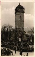 1938 Rozsnyó, Roznava; bevonulás, Rákóczi őrtorony magyar zászlókkal és "Magyarok leszünk" felirattal / entry of the Hungarian troops, watchtower with Hungarian irredenta propaganda + "1938 Rozsnyó visszatért" So. Stpl. (EK)