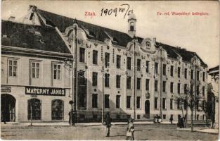 1909 Zilah, Zalau; Református Wesselényi kollégium, Materny János, Dávidovits M. üzlete. Seres Samu kiadása / Calvinist boarding school, shops (EB)