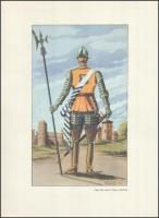 Torino városi őrségének egyenruhái a XV. sz.-tól a XIX. sz.-ig, 6 db színes reprodukció (szign.: Bigatti), Torino dombornyomott címerével ellátott papírmappában, lapméret: 33,5x24,5 cm