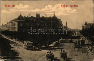 1910 Temesvár, Timisoara; Küttl tér, villamos, Elite kávéház, Kőbányai Dreher sörcsarnok / square, tram, café, beer hall (kis szakadás / small tear)