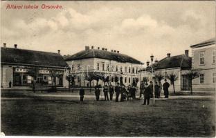 1908 Orsova, Állami iskola, Scheinberger Mór üzlete. Hutterer G. kiadása / school, shop of Scheinberger (EK)