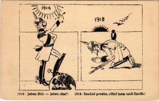 1914: Jeden Buh - jeden císar! 1918: Snazne prosím, vzdyf jsem také clovék! Vydal V. J. Procházka / WWI Czech anti-German mocking propaganda, cariacature of Wilhelm II