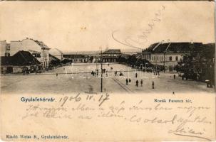 1906 Gyulafehérvár, Alba Iulia; Novák Ferenc tér, Fuchs Nándor, Schlesinger Testvérek, Misselbacher üzlete. Weiss B. kiadása / square, shops (EM)