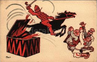 Humoros világháborús grafikai lap. Magyar krampusz huszár az Antant hatalmak ellen. Magyar Földrajzi Intézet Rt. kiadása / WWI Anti-Triple Entente propaganda card, Austro-Hungarian (K.u.K.) Krampus hussar s: Biró