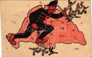 Humoros első világháborús propaganda lap, osztrák-magyar krampusz katona az Antant hatalmak ellen. A Magyar Földrajzi Intézet Rt. kiadása / WWI Anti-Triple Entente propaganda card, Austro-Hungarian Krampus soldier s: Biró (vágott / cut)