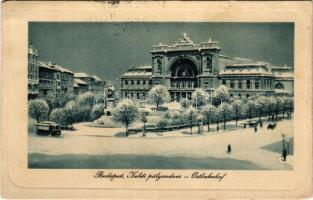 1911 Budapest VII. Keleti pályaudvar télen, vasútállomás, villamos, Baross szobor (fl)