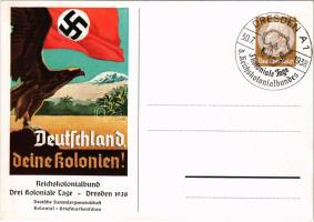 1938 Deutschland, deine Kolonien! Reichskolonialbund Drei koloniale Tage Dresden. Deutsche Sammlergemeinschaft Kolonial-Briefmarkenschau / NSDAP German Nazi Party propaganda, German collectors' colonial stamp expo + So. Stpl