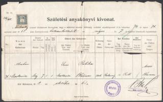 1912-1914 Miskolc, 3 db anyakönyvi kivonat a Miskolci Izraelita Hitközség bélyegzésével, az anyakönyvvezető rabbi aláírásával