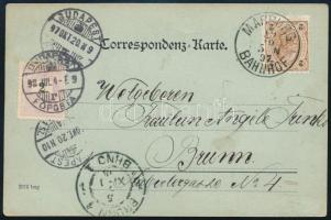 1897 Képeslap Ausztriából Brünnbe 2h bérmentesítéssel, de valamiért a lapot Budapestre küldték, és onnan 1898-as dátummal és 2kr bérmentesítéssel továbbküldték Brünnbe &quot;MARBURG / BAHNHOF&quot; - &quot;BUDAPEST&quot; - &quot;BRÜNN&quot;. Postatörténeti érdekesség!