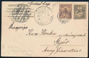 1902 Képeslap Turul 1f és 4f bérmentesítéssel &quot;K.u.K. FELDPOST EXPOSITUR 25&quot; - &quot;ÖLVED&quot; - &quot;GYŐR&quot;