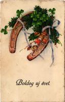 Boldog Újévet / New Year greeting art postcard with horseshoe and clovers. ERIKA Nr. 6294. (fl)