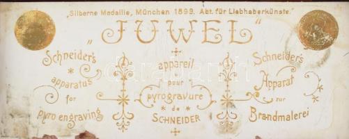 1899 Juwel antik pirográf készlet dobozában, hiánnyal, Kreutle Ferencz Budapest feliratos fémtábláva...