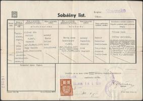 1939 Szlovák okmányon 40 Arany fillér konzuli illetékbélyeg
