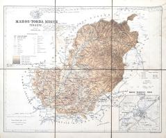 [Térkép] Maros-Torda megye térképe. Tervezte: Gönczy Pál. Mértéke: 1 : 300.000 (1886) Budapest, 1886. Posner Károly Lajos és Fia Térképészeti Intézete. Színes térkép, mérete: 350x435 mm egy 395x475 mm méretű térképlapon. Az 1876. évi vármegyerendezés után szükségessé vált új, a közoktatásban is haszonnal forgatható megyetérképeket készíteni. A feladatra Gönczy Pál közoktatásügyi államtitkár Kogutowicz Manó (1851-1908) térképészt kérte fel, a magyar kartográfia korszakos egyéniségét, aki 1884-1890 között 30 vármegye nagy felbontású térképét készítette el. E térképkiadás mellékterméke a közigazgatási áttekintő térképek sora, melyből példányunk az erdélyi Maros-Torda területét ábrázolja. Színes térképünk a hegy- és vízrajzi részleteken kívül feltünteti a megye járási beosztását, vasút- és közúthálózatát, szabad királyi városát, rendezett tanácsú városát, mezővárosait, falvait és pusztáit, kastélyait. Egyes települések mellett az elérhető takarékpénztári, postai és távirdai szolgálatok is feltüntetve. A térképen jól tanulmányozható a megye vasúti infrastruktúrájának fejlődése: a székely körvasút a korban még tervben maradt, a vasút Szászrégenig kapaszkodik a Maros völgyében. A megye területe domborzati szempontból színezve, a szomszéd megyék vízrajzi, közlekedési és településhálózati részletei fekete (illetve kék) színnel nyomottak. A térkép felirata a bal felső sarokban, felette az egyesített megye címere lebeg, alatta jelmagyarázat. A bal alsó sarokban Marosvásárhely környékének kétszínnyomású, 1: 75:000 mértékű térképe. A térképen körben kézírásos jegyzetek, apró, halvány foltosság. Jó állapotú lap, vászonra kasírozva, hajtogatva.