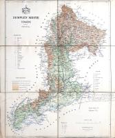 [Térkép] Zemplén megye térképe. Tervezte: Gönczy Pál. Mértéke: 1 : 375.000. (1888) Budapest, 1888. Posner Károly Lajos és Fia Térképészeti Intézete. Színes térkép, mérete: 460x360 mm egy 470x395 mm méretű térképlapon. Az 1876. évi vármegyerendezés után szükségessé vált új, a közoktatásban is haszonnal forgatható megyetérképeket készíteni. A feladatra Gönczy Pál közoktatásügyi államtitkár Kogutowicz Manó (1851-1908) térképészt kérte fel, a magyar kartográfia korszakos egyéniségét, aki 1884-1890 között 30 vármegye nagy felbontású térképét készítette el. E térképkiadás mellékterméke a közigazgatási áttekintő térképek sora, melyből példányunk a Tiszától Hegyalján és a Zempléni-hegységen át a Kárpátokig nyúló, alföldi és hegyvidéki területeket egyaránt magába foglal Zemplén megye területét ábrázolja. Színes térképünk a hegy- és vízrajzi részleteken kívül feltünteti a megye járási beosztását, vasút- és közúthálózatát, mezővárosait, falvait és pusztáit, kastélyait, bányáit és kőfejtőit, fürdőhelyeit és mocsarait. Egyes települések mellett az elérhető takarékpénztári, postai és távirdai szolgáltatások is feltüntetve. A térképen jól tanulmányozható a megye közeledési infrastruktúrájának fejlődése is: a vasút a lehetőségekhez képest jól átszövi a megye térségeit, a Budapest felől érkező vasút Szerencs után leágazik Tokaj irányába, Sárospatakon túl Sátoraljaúhelynél újabb elágazás a Bodrogközön át Szabolcs megyének, Sátoraljaújhelyről pedig Nagymihályon túl a Laborc folyása mentén kapaszkodik fel a Kárpátokba, melyet a ruszinok lakta Mezőlaborcon túl át is tör, és csatlakozik a galíciai vasúthálózathoz. A megye területe domborzati szempontból színezve, a szomszéd megyék, illetve a galíciai térség vízrajzi, közlekedési és településhálózati részletei fekete (illetve kék) színnel nyomottak. A térkép felirata a bal felső sarokban, felette a megye címere lebeg, alatta a jelmagyarázat. Térképünkön a járásbeosztás alatt jegyzetek. Jó állapotú lap, vászonra kasírozva, hajtogatva.