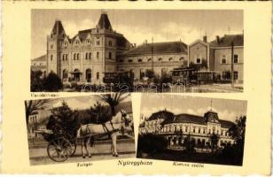 1940 Nyíregyháza, vasútállomás, villamos, taligás, Korona szálloda