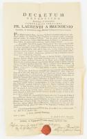 1783 Határozat Brindisi Szent Lőrinc boldoggá és szentté avatásáról, latin nyelven, a lap alján 1784-es, kézzel írt feljegyzés Joannes Benyovszky (Benyovszky János) aláírással, címeres viaszpecséttel. Hajtva, jó állapotban, 35,5x22 cm