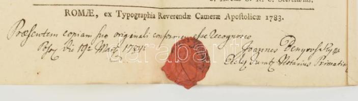 1783 Határozat Brindisi Szent Lőrinc boldoggá és szentté avatásáról, latin nyelven, a lap alján 1784...