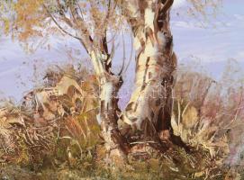 Bocsák Krisztina (1964- ): Táj. Olaj, farost. Jelezve jobbra lent. Dekoratív, szecessziós stílusú fa...