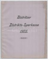 1906 XXI. Geschäftsbericht der Direktion der Bistritzer Distrikts-Sparkassa samt Rechnungsabschluss und Bilanz für das Jahr 1905. / A Besztercei Kerületi Takarékpénztár igazgatóságának XXXI. jelentése, zárszámadása és mérlege az 1905. évre. Bistritz (Beszterce), 1906, Carl Csallner-ny., 23+(1) p. Német nyelven. Kiadói tűzött papírkötés, kissé koszos borítóval.