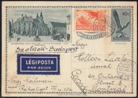 1937 Díjjegyes városképes lap D-7 Repülő 52f díjkiegészítéssel légipostával Kanadába / PS-card with additional franking, airmail to Canada