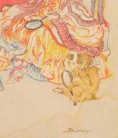 Subkégel Gyula (1907-?): Udvarlás (rokokó jelenet majommal és papagájjal). Akvarell, selyem, kartonr...