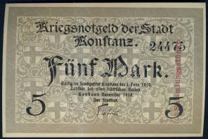 Német Birodalom/Weimari Köztársaság/Konstanz 1918. 5M hivatalos érvénytelenítéssel T:I