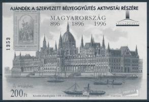 1997/11 Ajándék a szervezett bélyeggyűjtés aktivistái részére feketenyomat emlékív tévnyomata tanúsítvánnyal (75.000) / Blackprint souvenir sheet with plate flaw and certificate