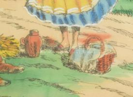 Uzsonna a mezőn, akvarell, selyem, jelzés nélkül, kissé sérült üvegezett keretben, 19x24,5 cm