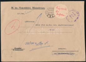 1940 M. Kir. Honvédelmi Minisztérium fejléces levélboríték Bally Béla ny. áll. szv. segédtisztviselőnek címezve, &quot;Meghalt&quot; címkével visszaküldve, tartalommal