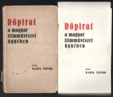 Szőts István: Röpirat a magyar filmművészet ügyében. Budapest, (1945), k.n. (Független-nyomda). Első kiadás. 87+39 . Kiadói papírkötés, sérült gerinccel, kissé foltos borítóval, előzéklap kijár, könyvtest majdnem elvált a borítótól, néhány lapon ceruzás és tollas jelölésekkel és jegyzetekkel. + Szőts István: Röpirat a magyar filmművészet ügyében. Budapest, 2015, Magyar Művészeti Akadémia. Hasonmás kiadás. 87+39 p (kísérőfüzet). Kiadói papírkötés, kiadói karton tékában, a téka ragasztása eleresztett, máskülönben jó állapotban. A kísérőfüzet DEDIKÁLT (Pintér Judit szerkesztő által?). A tételhez tartozik 2 db színes fénymásolat Szőts István: Röpirat a magyar filmművészet ügyében dedikált címlapjáról, egyik Balázs Béla részére szóló dedikációjával.