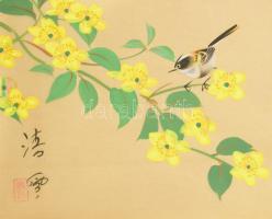 Olvashatatlan jelzéssel, feltehetően kínai alkotó, XX. sz. közepe, 2 db mű: Virág- és madár. Akvarel...