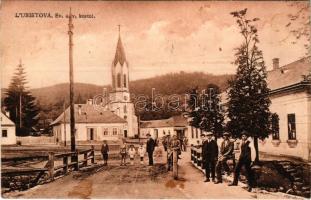 1931 Libetbánya, Libethen, Lubietová; Ev. a. v. kostol / Evangélikus templom, utca / Lutheran church, street view (fl)