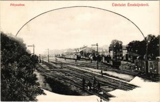 1907 Érsekújvár, Nové Zámky; Pályaudvar, vasútállomás, vonat, gőzmozdony. Conlegner J. és fia kiadása / railway station, train, locomotive