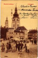 1908 Besztercebánya, Banská Bystrica; Mátyás tér, Mária templom, piac, gyógyszertár. W.L. 533. / square, church, market, pharmacy (EB)