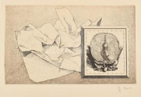 ifj. Imre István (1950-): Szürrealista csendélet. Rézkarc, papír, jelzett, 19x29 cm