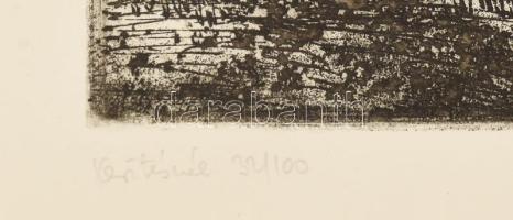 László Gyula (1910-1998): Kerítésnél. Rézkarc, papír, jelzett, számozott (32/100), 30×19,5 cm