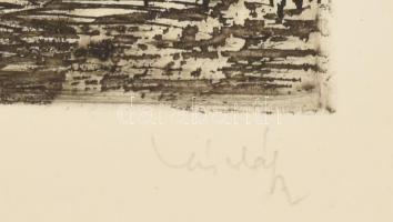 László Gyula (1910-1998): Kerítésnél. Rézkarc, papír, jelzett, számozott (32/100), 30×19,5 cm