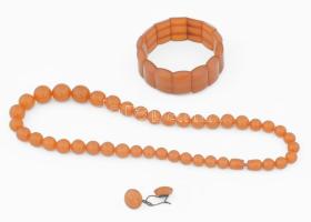 Borostyán utánzat ékszer szett: nyaklánc, karkötő, fülbevaló