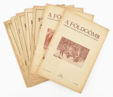 1933-1939 A Földgömb, a Magyar Földrajz Társaság folyóirata 7 db száma: IV. évf. 6., 9. sz., V. évf. 2., 5., 6., 7., 8. sz. + a X. évfolyam (1939) tartalomjegyzéke. Szerk.: Milleker Rezső, Baktay Ervin, Kéz Andor. Kiadói tűzött papírkötés, kissé viseltes, foltos állapotban.