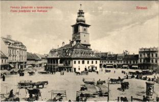 1913 Brassó, Kronstadt, Brasov; Ferenc József tér a tanácsházzal (városháza), piac, üzletek, építkezés. Herz kiadása / Franz Josefplatz mit Rathaus / square, town hall, market, shops, construction (EK)