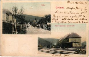 1905 Gyimes, Csík-Gyimes, Ghimes; Fő tér, vasútállomás a peron felől, vonat, gőzmozdony / main square, railway station, train, locomotive (Rb)