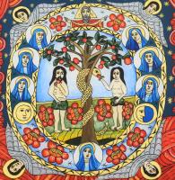 Ádám és Éva a Paradicsomban, hét szűz vértanú nő őrzi a kaput, fent az Atyaisten áldást osztó kéztar...