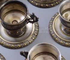 Kávés készlet 12 személyes. 12 csésze, aljjal, kiöntő 30 cm. Ezüstözött réz, jelzett orosz. Üvegbeté...