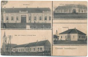 1912 Újvár, Torontálújvár, Uivar, Neuburg an der Bega (Temes); Községháza, Plébánialak, Római katolikus templom és községi iskola, Neuhaus Lajos üzlete. Szilágyi A. műintézetéből / town hall, rectory, Catholic church, school, shop (fl)