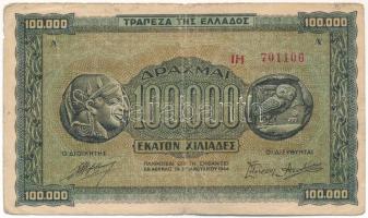 Görögország / Német megszállás 1944. 100.000Dr T:F,VG kis szakadás, kopás Greece / German Occupation 1944. 100.000 Drachmai C:F,VG small wear and tear Krause P#125