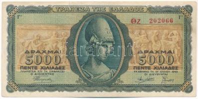 Görögország / Német megszállás 1943. 5000Dr T:F szakadás, ragasztva, de nem szakadás miatt Greece / German Occupation 1943. 5000 Drachmai C:F tear, taped, but not because of tear Krause P#122a1